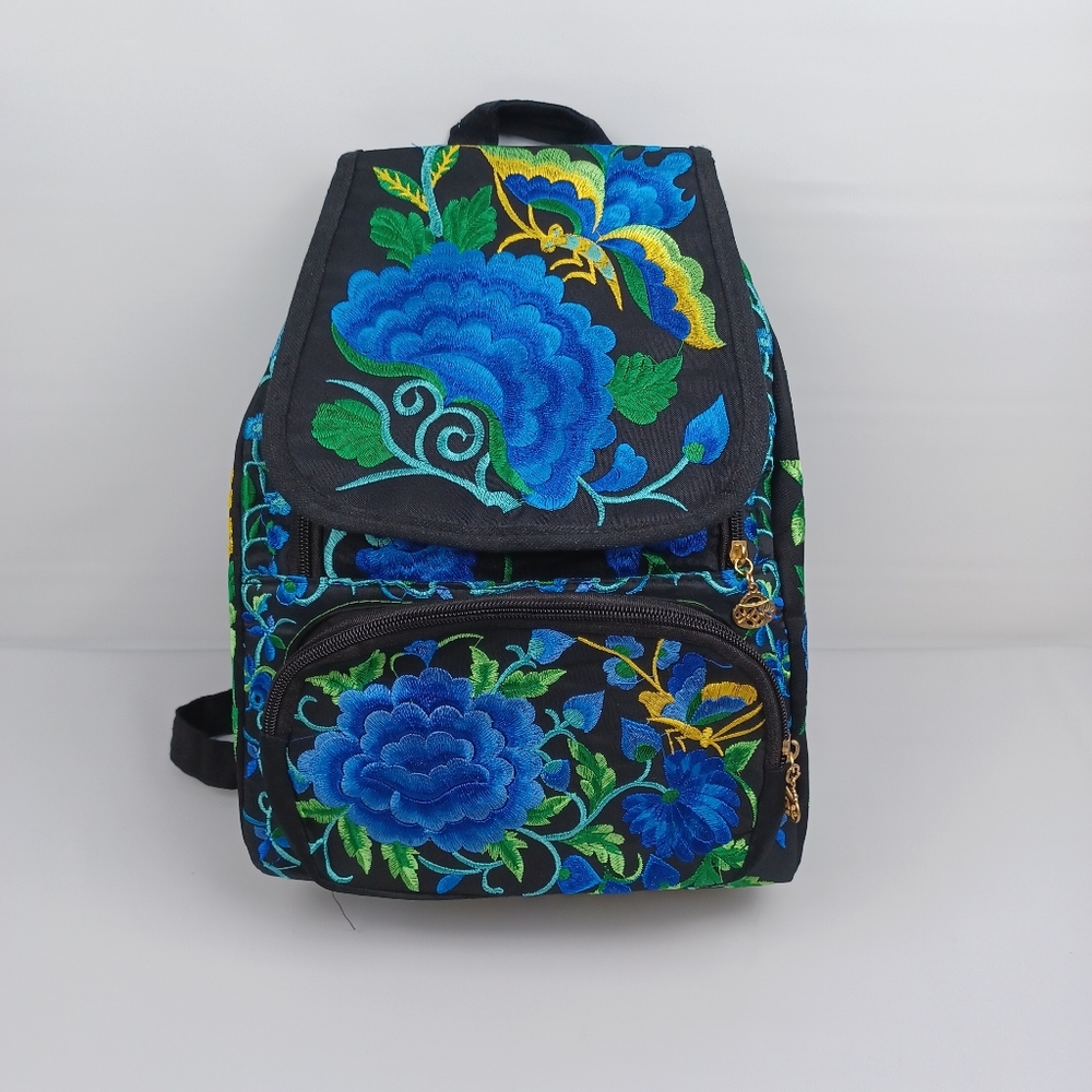 mexican floral embroidered backpack multicolor New - Picture 5 of 13